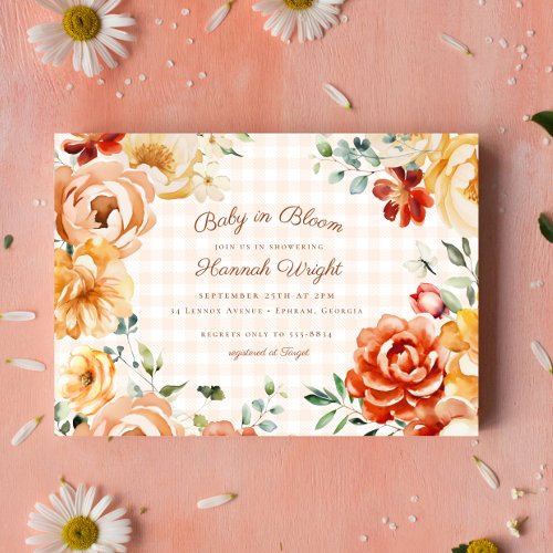 Fall Rust Gold Floral Gingham Baby Shower Invitation