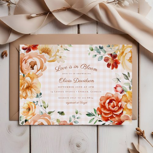 Fall Rust Gold Floral Gingham Bridal Shower Invitation