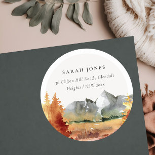 Fall Rust Orange Mountain Trees Foliage Address Classic Round Sticker