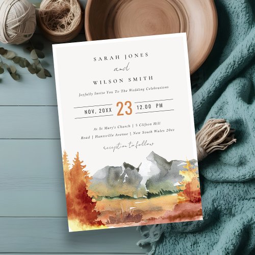 Fall Rust Orange Mountain Trees Foliage Wedding  Invitation