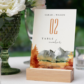 Fall Rust Orange Mountain Trees Foliage Wedding  Table Number by YellowFebPaperie at Zazzle