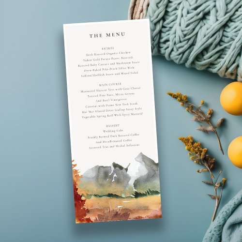 Fall Rust Orange Mountain Trees Wedding Menu Card