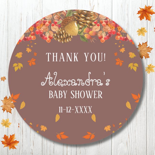 Fall Rustic Autumn Baby Shower Thank You  Classic Round Sticker (Creator Uploaded)