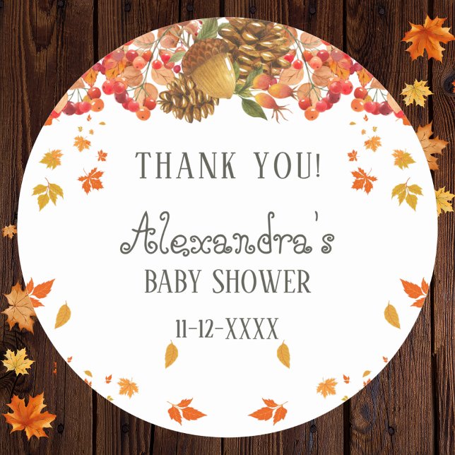 Fall Rustic Autumn Baby Shower Thank You  Classic Round Sticker (Creator Uploaded)