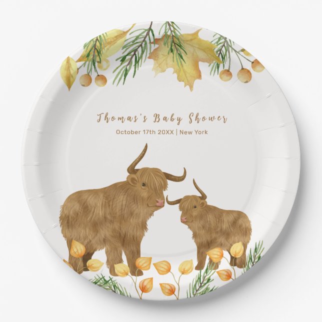 Fall Rustic Boho Highland Cow Baby Shower  Paper Plates (Front)