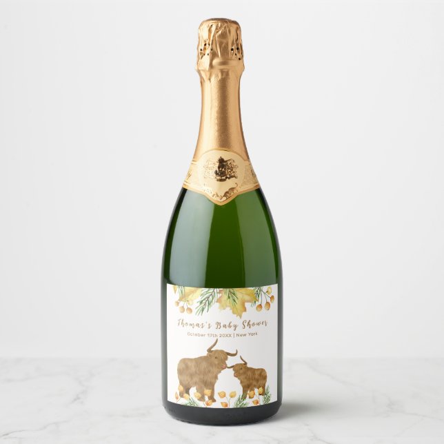 Fall Rustic Boho Highland Cow Baby Shower  Sparkling Wine Label (Front)