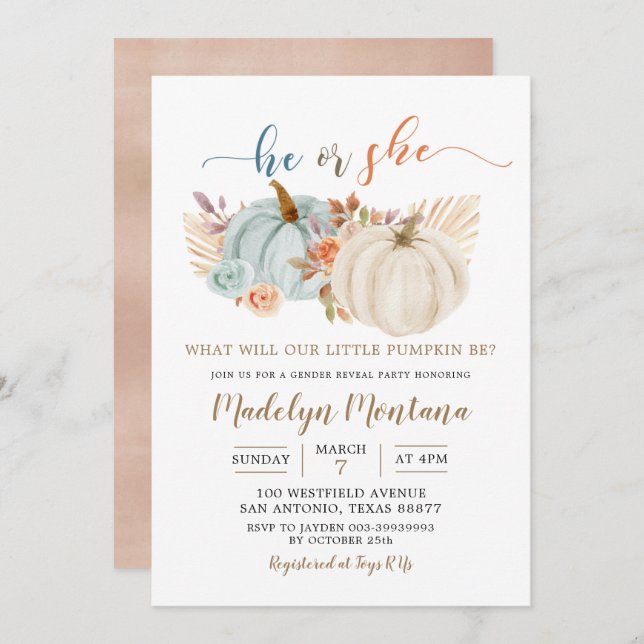 Fall Rustic Boho Pumpkin Gender Reveal Invitation (Front/Back)