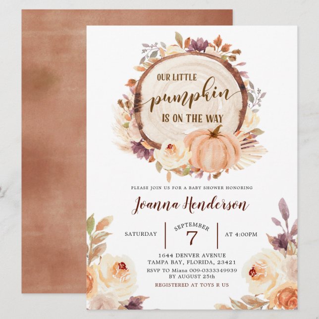 Fall Rustic Boho Woodland Pumpkin Baby Shower Invitation (Front/Back)
