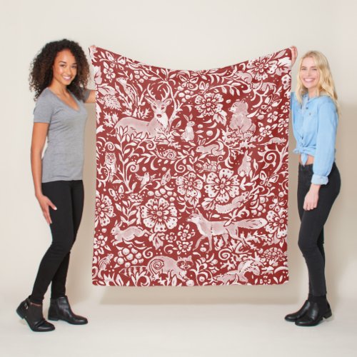 Fall Rustic Brick Red Woodland Animal Deer Fox  Fleece Blanket