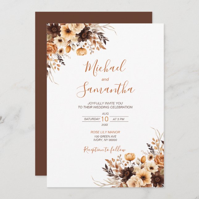 Fall Rustic Brown and Ivory Rose Country Wedding Invitation (Front/Back)