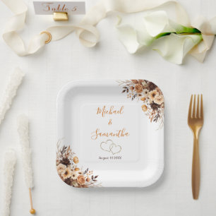 Fall Rustic Brown and Ivory Rose Country Wedding Paper Plates