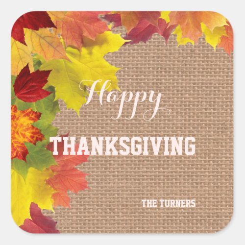 Fall Rustic Burlap Happy Thanksgiving Monogram Square Sticker