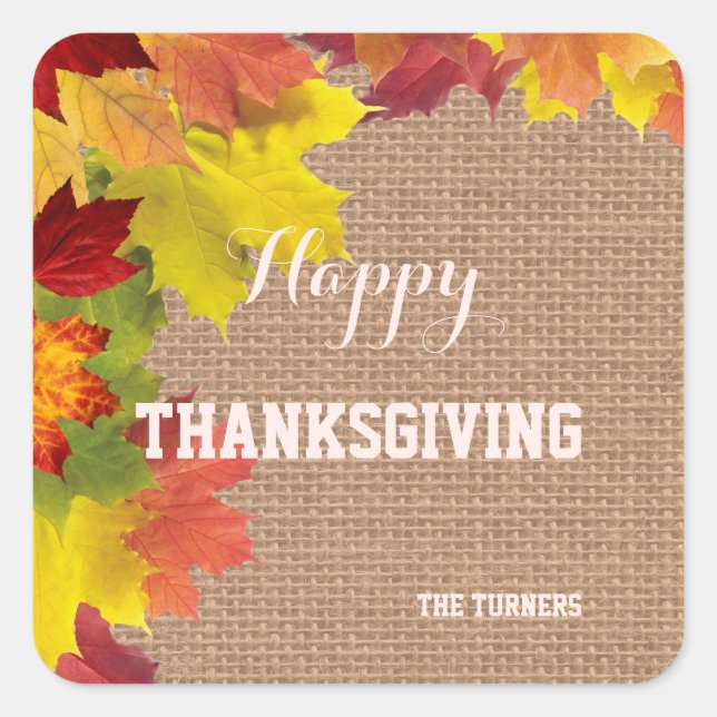Fall Rustic Burlap Happy Thanksgiving Monogram Square Sticker (Front)