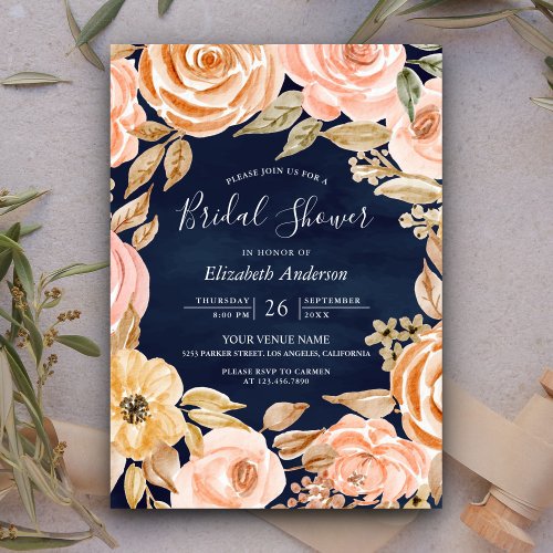 Fall Rustic Earthy Floral Navy Blue Bridal Shower Invitation