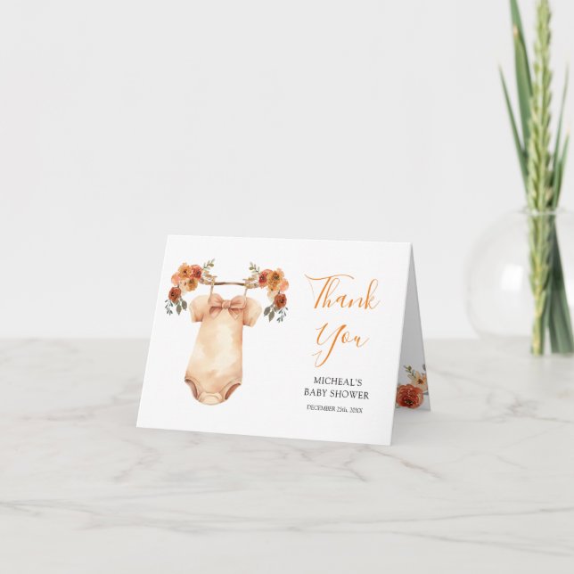 Fall Rustic Floral Baby Clothes Baby Shower Folded Thank You Card (Front)