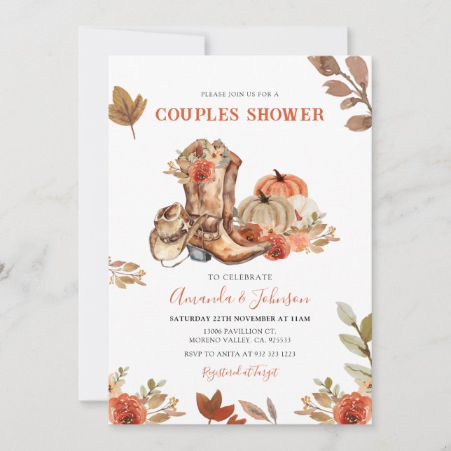 Fall Rustic Floral Boots Pumpkin Couple Shower Invitation (Front)