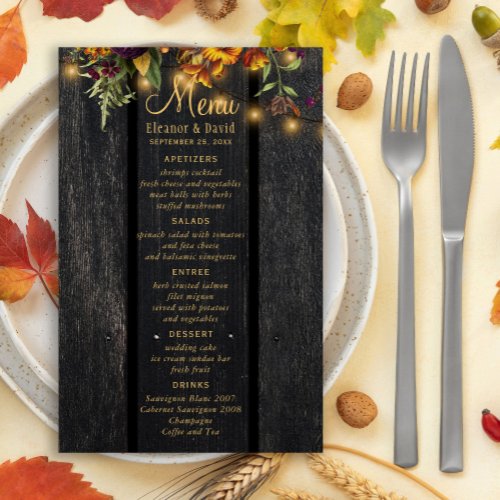 Fall rustic floral chic elegant wood wedding menu