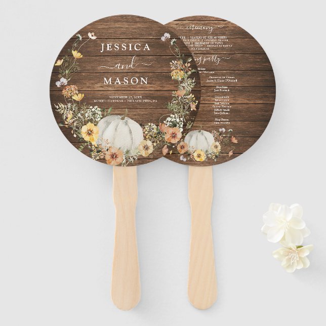 Fall Rustic Floral Harvest Pumpkin Wedding Program Hand Fan (Front and Back)