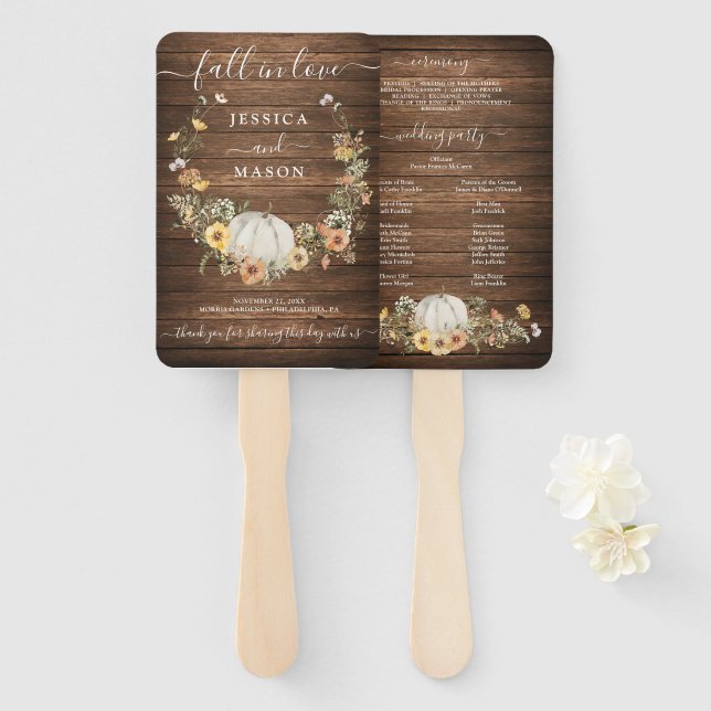 Fall Rustic Floral Harvest Pumpkin Wedding Program Hand Fan (Front and Back)