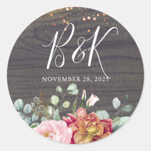 Fall Rustic Flowers Wood Texture Wedding Classic Round Sticker