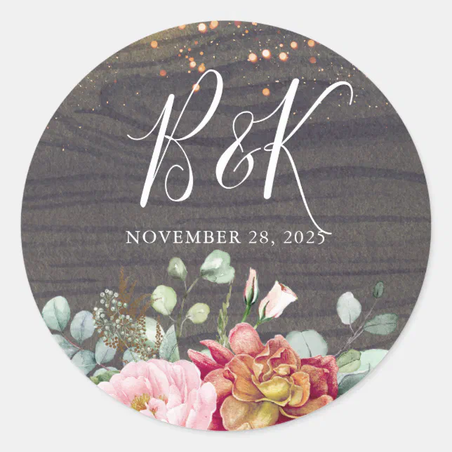 Fall Rustic Flowers Wood Texture Wedding Classic Round Sticker | Zazzle