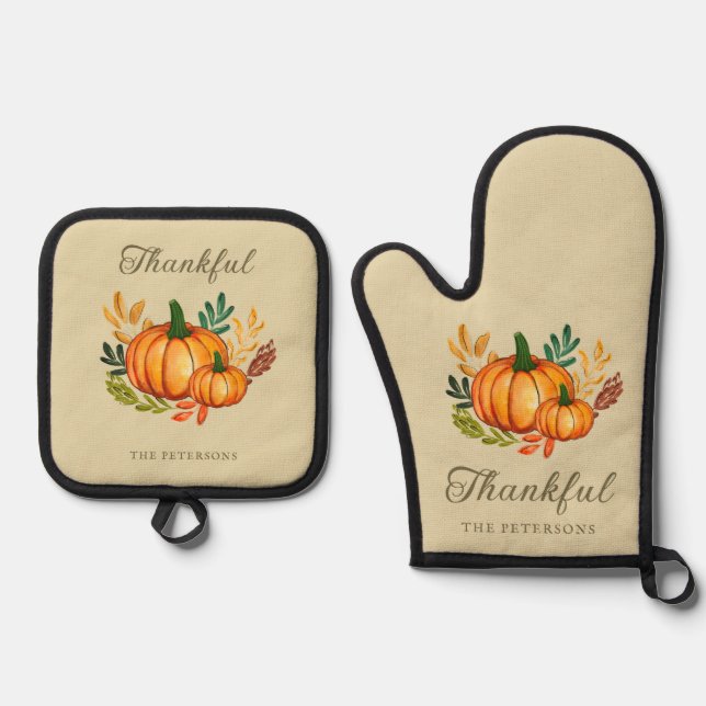 Fall Rustic Happy Thanksgiving Oven Mitt & Pot Holder Set (Front)