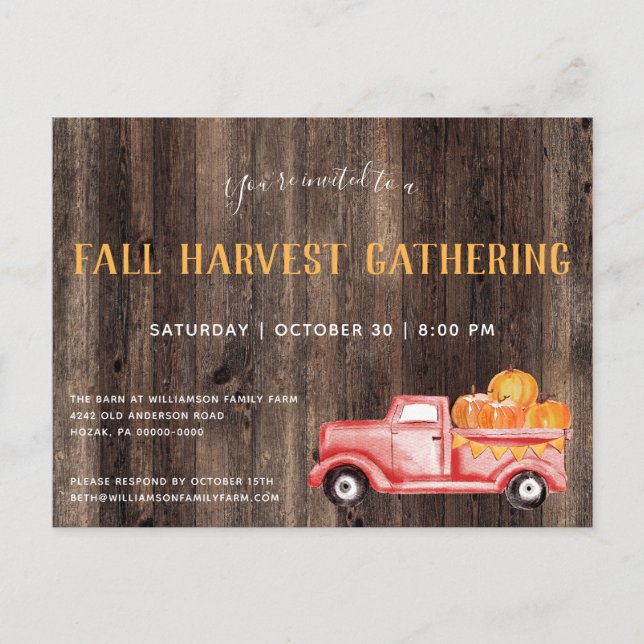 Fall Rustic Pick Up Pumpkins Fall Party Invitation Postcard (Front)