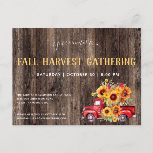 Fall Rustic Pick Up Sunflowers Party  Invitation Postcard