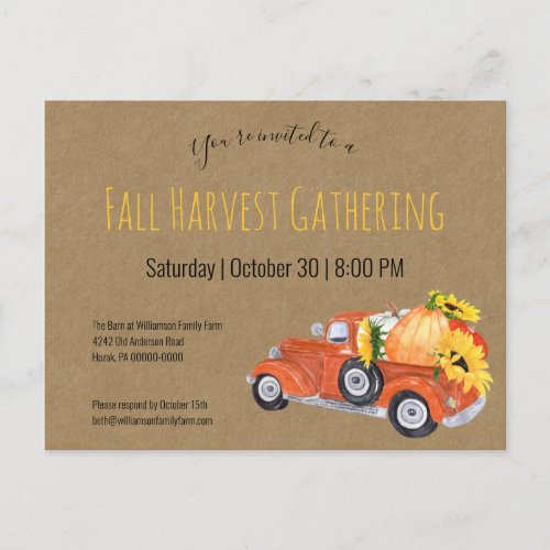 Fall Rustic  Pick Up Truck Pumpkins Fall Party Invitation Postcard