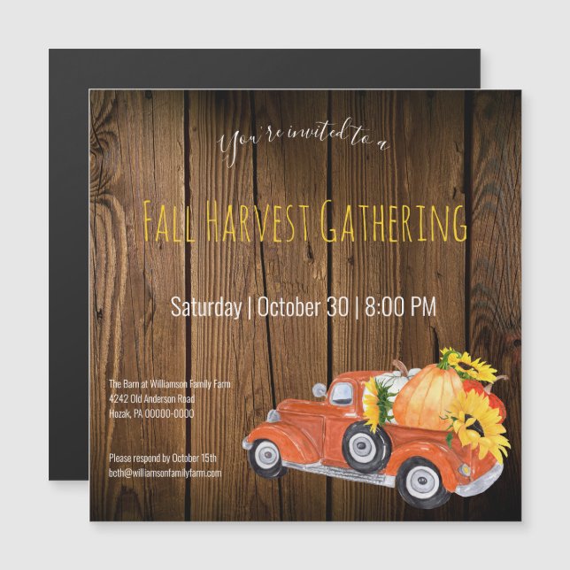 Fall Rustic  Pick Up Truck Pumpkins Fall Party Magnetic Invitation (Front/Back)