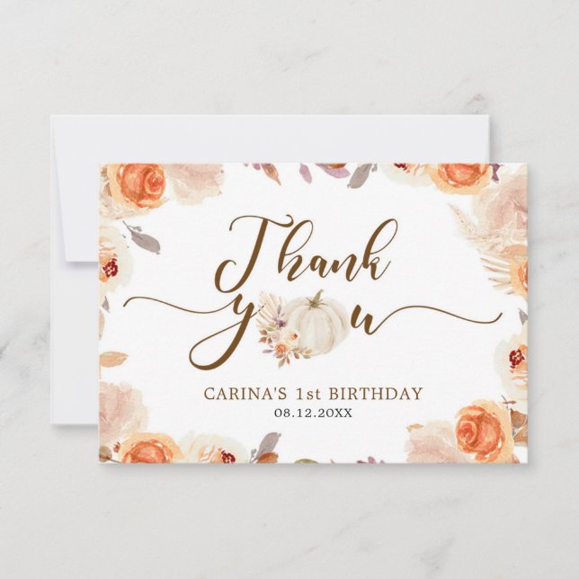 Fall Rustic Pumpkin Onederful Birthday Thank You Card (Front)