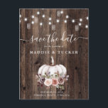 Fall Rustic Pumpkin String Lights Save the Date  Announcement Postcard<br><div class="desc">Fall Rustic Pumpkin String Lights Save the Date - Lovely pumpkins with flowers on a rustic wood background and mason jar string lights. Save the Date will be part of a collection.

Designed by Beverly Bainbridge
Magnolia & Thistle</div>