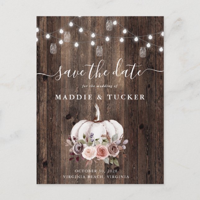 Fall Rustic Pumpkin String Lights Save the Date  Announcement Postcard (Front)