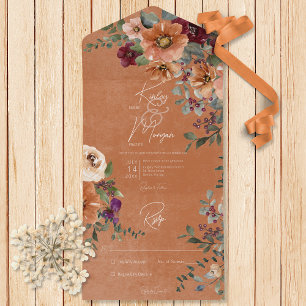 Fall Rustic Rust & Wine Floral Rust No Dinner     All In One Invitation