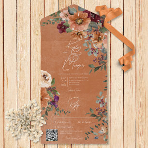 Fall Rustic Rust & Wine Floral Rust QR Code All In One Invitation