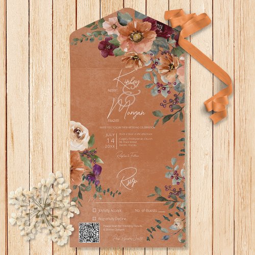 Fall Rustic Rust  Wine Floral Rust QR Code All In One Invitation