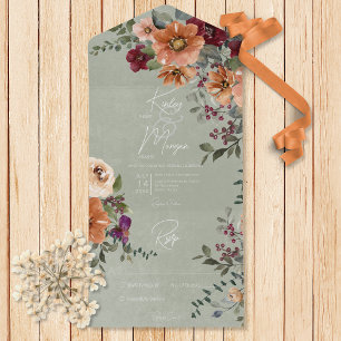 Fall Rustic Rust & Wine Floral Sage No Dinner All In One Invitation
