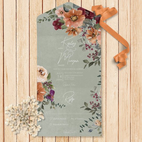 Fall Rustic Rust  Wine Floral Sage No Dinner All In One Invitation