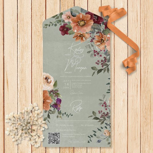 Fall Rustic Rust  Wine Floral Sage QR Code All In One Invitation