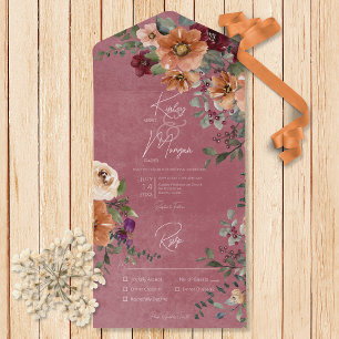Fall Rustic Rust & Wine Floral Wine Dinner All In One Invitation