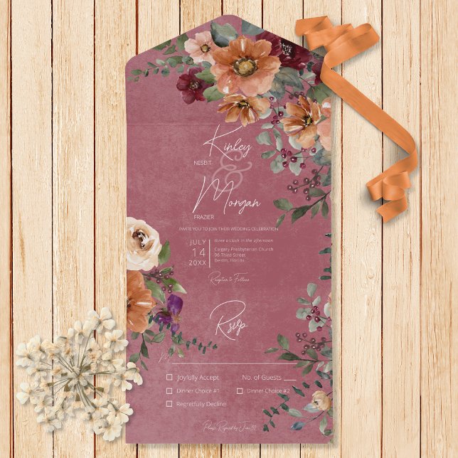 Fall Rustic Rust & Wine Floral Wine Dinner     All In One Invitation (Also available with a QR code or without dinner selection options.)