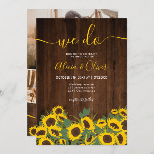 Fall rustic sunflowers wood photo initials wedding invitation