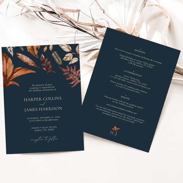 Fall Rustic Terracotta Floral Navy Wedding Invitation (Creator Uploaded)