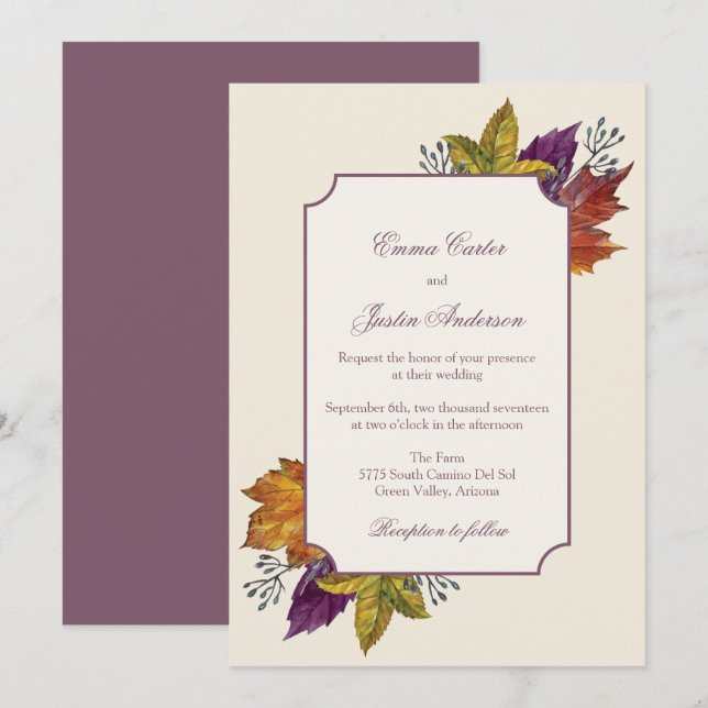 Fall Rustic Watercolor Autumn Leaves Wedding Invitation (Front/Back)