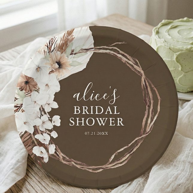 Fall Rustic White Floral Script Bridal Shower Paper Plates (Creator Uploaded)