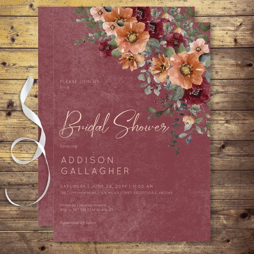 Fall Rustic Wine  Rust Floral Bridal Shower Invitation