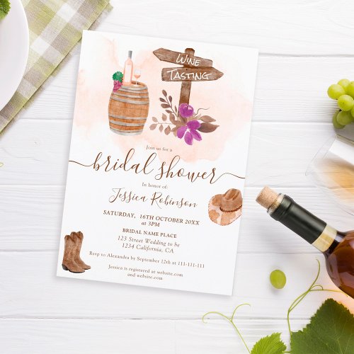 Fall rustic wine tasting watercolor bridal shower invitation