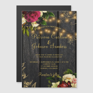 Fall rustic wood and string lights floral wedding magnetic invitation