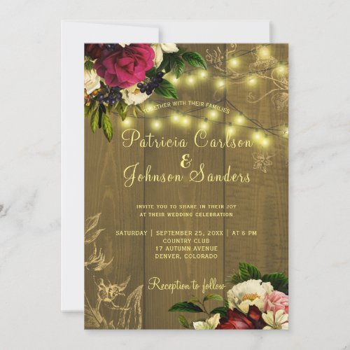 Fall rustic wood and twinkle lights floral wedding invitation