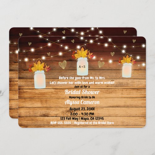 Fall Rustic Wood Lights  Mason Jar Bridal Shower Invitation